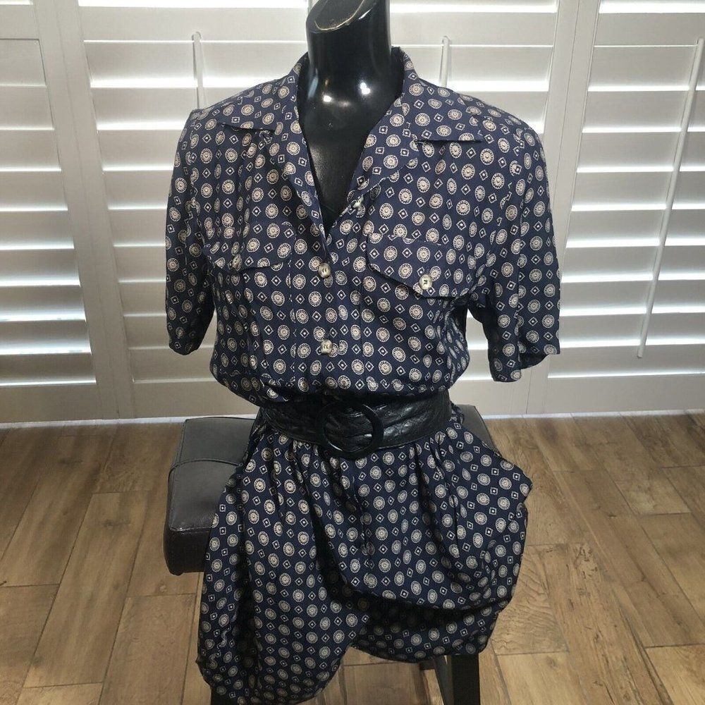 Vtg Cimmaron USA Made 80s Mod Collared Blue Geo Relaxed Romper 6 Rayon Pockets